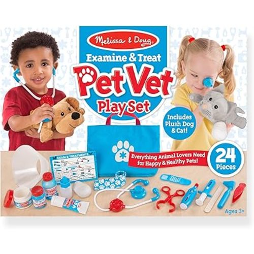 Melissa & Doug Examine and Treat Pet Vet Play Set (24 pcs) - Kids Veterinary Play Set, Veterinarian Kit For Kids, STEAM Toy, Pretend Play Doctor Set For Kids Ages 3+