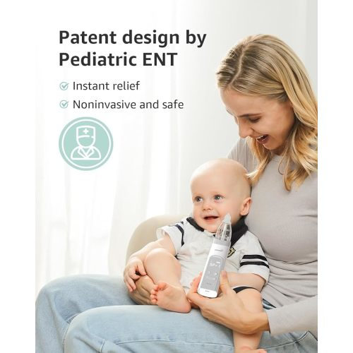 GROWNSY Nasal Aspirator for Baby, Electric Nose Aspirator for Toddler, Baby Nose Sucker, Automatic Nose Cleaner with 3 Silicone Tips, Adjustable Suction Level, Music and Light Soothing Function - Grey