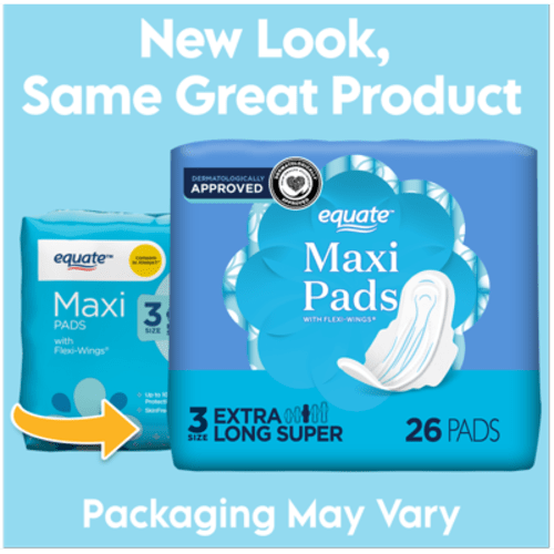 Equate Maxi Pads with Wings, Size 3, Extra Long Super Protection (26 Count)