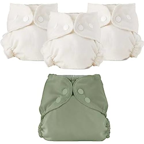 Esembly Cloth Diaper Bundle Set, 3 Organic Absorbent Inners and 1 Waterproof Recycled Diaper Cover, Reusable Washable Diapers with Snap Closure, Size 2 (18-35lbs), Aloe