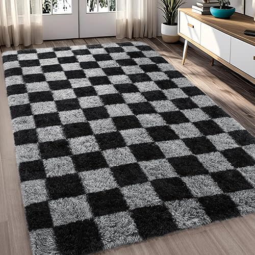 Living Room Rugs 4x6 Black and Grey, Large Fluffy Furry Shaggy Fuzzy Checkered Area Rug Bedroom Big Carpet, Shag Plush Soft Nursery Rug Cozy Room Decor for Teen Toddler Kids Baby Boys