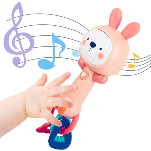 WHNKFB Soft Pink Bunny Baby Musical Rattle Toy - Light-Up Teether & Sensory Chew, BPA-Free Soft Rubber, Baby Shower & 1st Birthday Gift for 6-18 Months 1+ Year Old
