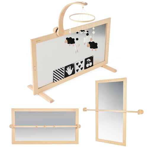 GROWGO Montessori Mirror Baby Wall, Baby Pull Up Bar, Montessori 3-in-1 Shatterproof Mirror, Wooden Pull Up Bar, Toddler Pull Up Bar, Montessori Baby Furniture, Balancing Nature and Development