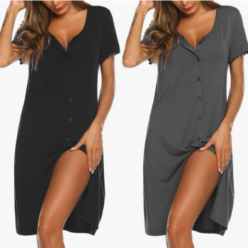 Ekouaer 2 Pack Nightgowns for Women Button Down Night Shirts Short Sleeve Sleep Shirts V Neck Sleepwear Pajama Dress
