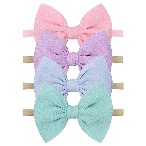 YanJie Baby Girls Nylon Headbands Newborn Bows Handmade Hair Bows Hairbands Hair Accessories for Newborn Infant Toddlers Kids (baby pink-aqua)