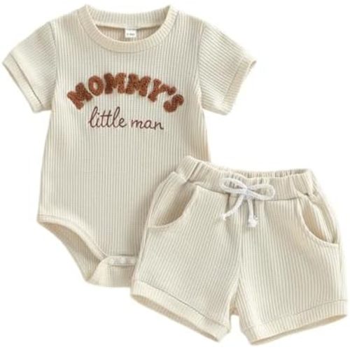 Douhoow Baby Boy Summer Outfits Short Sleeve Mamas Boy Little Dude Embroidery Boy Romper Shorts Set Infant Waffle Clothes