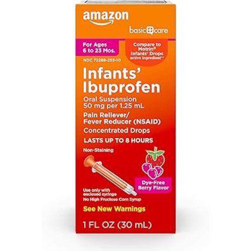 Amazon Basic Care Infants’ Concentrated Drops, Ibuprofen Oral Suspension 50 mg per 1.25 mL, Pain Reliever/Fever Reducer, Berry, Dye-Free, For Sore Throat, Headache Relief and More, 1 Fluid Ounce