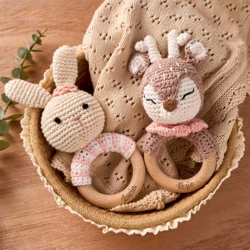 Personalized Wooden Rattle for Babies | Custom Engraved Toy with Name | Unique Baby Shower Gift Birth Rattle | Animal Crochet Toy Rattle