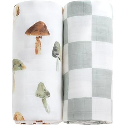 LifeTree Muslin Swaddle Blankets, Baby Neutral Swaddling Blanket for Boys Girls, Super Soft 70% Viscose from Bamboo and 30% Cotton, Large 47" x 47", Checkered & Mushroom, Newborn Baby Registry