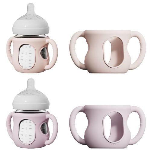2 Pack Silicone Sleeves for Avent Natural Glass Baby Bottles, Anti Breakage Baby Bottle Protector with Easy-Grip Handle, Compatible Philips Avent Glass Natural Baby Bottle 4 oz (2pc-Purple/Pink)