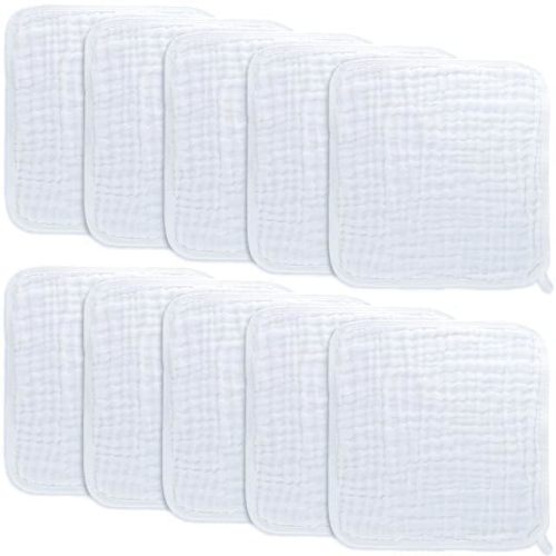 Baby Washcloths, Muslin Cotton Towels, Large 10”x10” Wash Cloths Soft on Sensitive Skin, Absorbent for Boys & Girls, Newborn Baby & Toddlers Essentials Shower Registry Gift (White, Pack of 10)