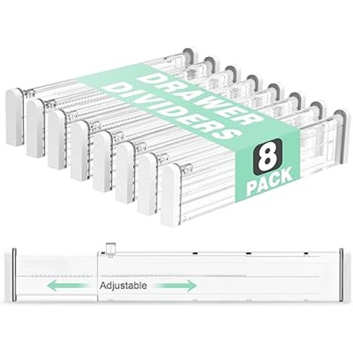Expandable Drawer Dividers 8 Pack, 2.36" High, 12.6-22.8'' Clear Drawer Organizers for Utensils, Clothes, Adjustable Kitchen Drawers Separators in Dresser, Bedroom, Office Storage
