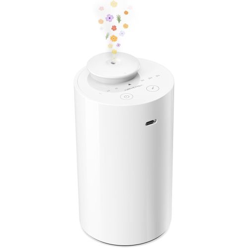 Waterless Diffuser for Essential Oil, Battery Operated Nebulizer, 0.7 Fl.Oz./ 20mL Capacity, Mini Scent Air Machine, 3 Countdown Timers & 3 Mist Levels for Home, Room, Car, Office - AN6 White