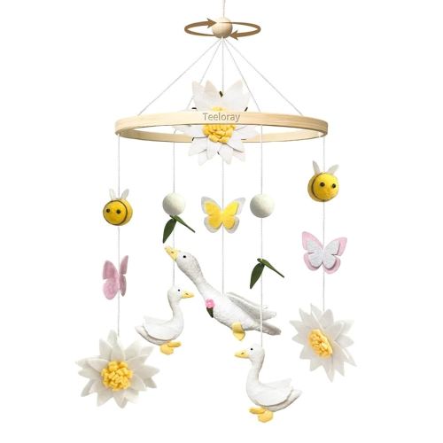 Baby Mobile for Crib Goose Nursery Decor Handmade Felt Crib Mobile for Bassinet One Silly Goose Birthday Decorations Flowers Butterflies Bees Room Hanging Decor Baby Shower Newborn Gifts
