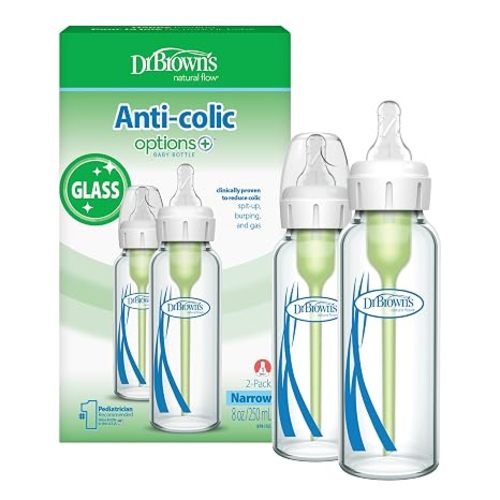 Dr. Brown's Anti-Colic Options+ Narrow Glass Baby Bottle with Level 1 Slow Flow Nipple, BPA-Free, 8 oz/250 mL, 0m+, 2-Pack (Packaging May Vary)