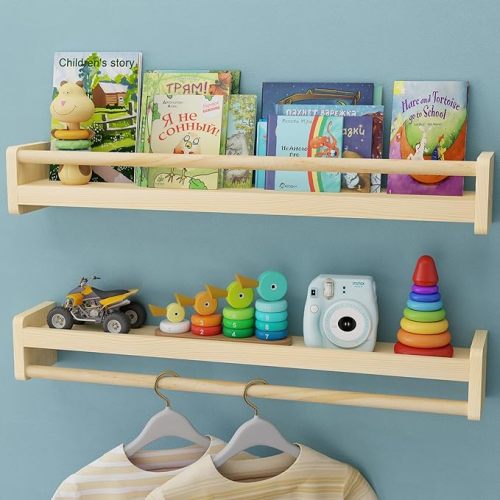 Nursery Floating Shelves with Hanging Rod, 33 Inch Kid's Bookshelves Set of 2, Wall Mounted Baby Clothes Organizer, Kitchen Spice Rack, Picture Ledge Shelf, Unfinished - 33Inch, Set of 2