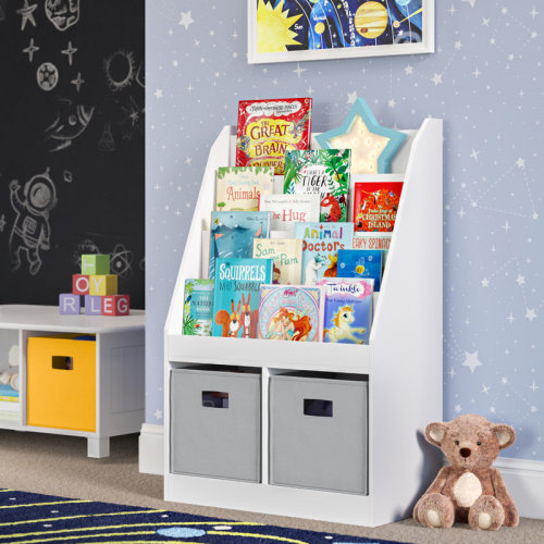 RiverRidge Home RiverRidge Kids Bookshelf and Toy Storage Organizer with 4 Bookracks and 2 Cubbies for Playroom, Nursery, and Reading Nook - White with 2 Fabric Bins & Reviews | Wayfair
