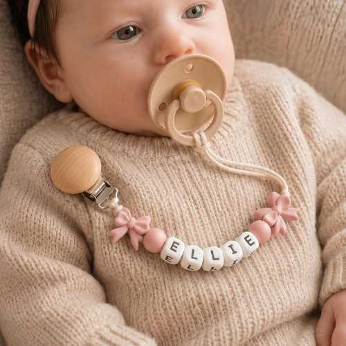 Custom Name Binky Clip for Baby Girl, Personalized Bow Pacifier Holder, New Mom Baby Registry Gift