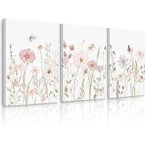 Wildflower Nursery Wall Art Pink Watercolor Floral Painting Baby Girl Nursery Canvas Wall Decor Vintage Botanical Flower Picture Boho Wildflower Prints for Bedroom 12x16x3 Inch Wrapped Canvas