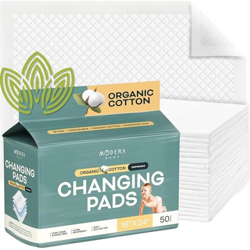 Organic Cotton Disposable Changing Pad Liners | Large 18x24 Hypoallergenic Ultra Absorbent & Waterproof Super Soft, Quilted Underpads for Baby Diaper Table & Travel, Leak Proof & Mess Free [50-Pack]