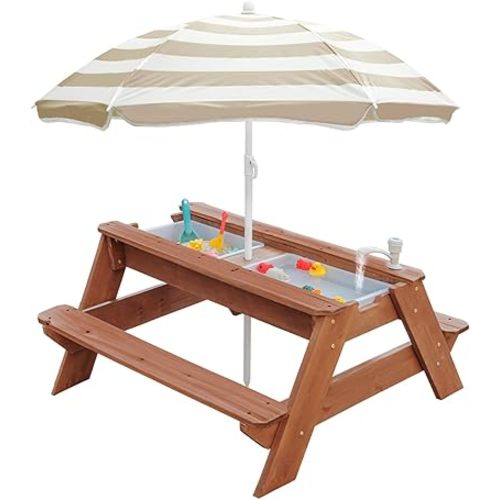 Kids 3-in-1 Sand & Water Activity Table, Wood Outdoor Convertible Picnic Table, 2 Play Boxes, Removable Top with Faucet, Picnic for Outdoor (Brown/Brown)