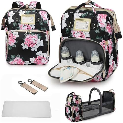 Diaper Bag Backpack Waterproof Baby Bag Large Capacity Multifunction Nappy Bags Floral Insulated Durable Travel Maternity Back Pack with Changing Station for Baby (Black)