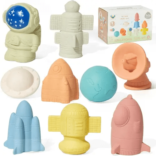 Mold Fee Bath Toys for Babies 6-12 Months, 9Pack No Holes Soft Silicone Astronaut & Rocket Ship Bath Toys, Safe and Easy to Clean Floating Pool Bathtub Toys for 1 2 3 Year Old Boy Birthday Gift Ideas