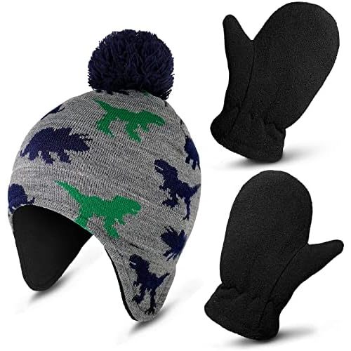 Syhood Kids Baby Winter Hat and Gloves Set Toddler Boys Knitted Beanie with Earflap Fleece Dinosaur Cap Gloves