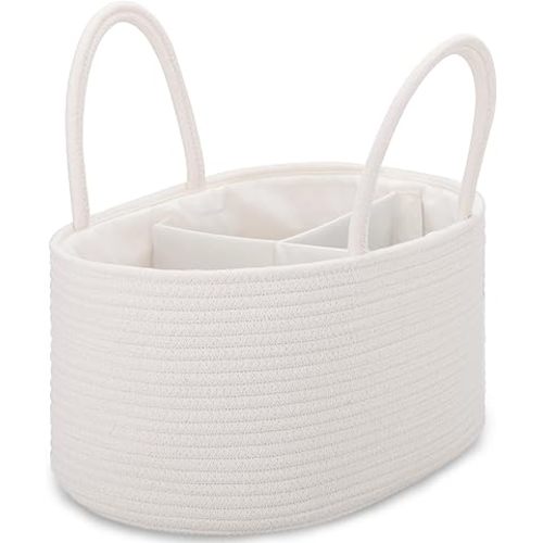 COMSE Large Diaper Caddy Organizer for Girl Boy, Gift Basket, Car Diaper Caddy with Handles, Cotton Rope Diaper Basket, Baby Shower Gifts Newborn Essentials Registry Must Have, White