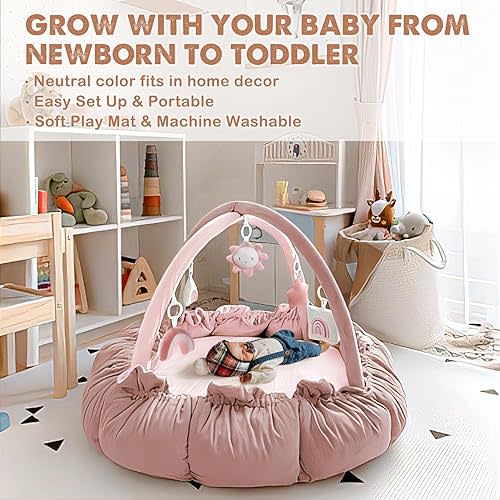 HAN-MM 5-in-1 Convertible Baby Play Gym with 6 Toys, Tummy Time Mat for Sensory Development, Baby Activity Center from Newborn to Toddler, Ball Pit, Cat & Dog Bed, Soft Plush Pet Bed, Pink