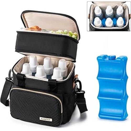 Breastmilk Cooler Bag with Ice Pack, Fits 6 Baby Bottles Up to 9 Oz, Bottle Cooler Bag, Double Layer Leakproof with Should Strap for Working & Nursing Moms, Black