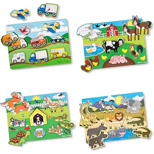Melissa & Doug Wooden Peg Puzzle 4-Pack for Toddler and Preschool Boys and Girls – Vehicles, Farm, Safari, Pets