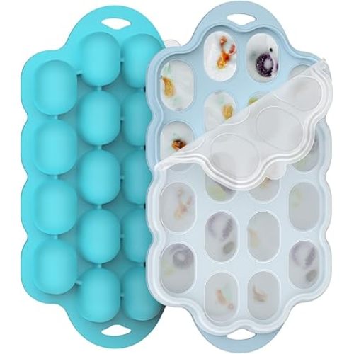 Silicone Baby Food Freezer Tray 2 Pack, Small Ice Cube Trays with Lid for Baby Fruit Food Feeder,Nibble Freezer Tray for Breastmilk Popsicle Mold and Baby Food Storage Container, BPA-Free