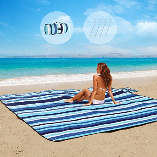 ZAZE Beach Blanket Picnic Blankets with Stakes, Thick 3-Layer 80*80 Oversized Waterproof Sandproof Compact Outdoor Mat, Big Extra Large Foldable Camping Park Vacation Travel Accessories(Blue Stripe)