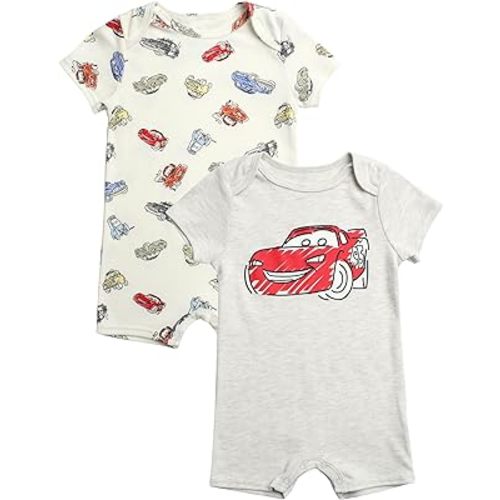 Disney Baby Boys Romper - 2 Pack Short Sleeve Baby Jumpsuit with Snap Closure - Cozy Baby Bodysuit for Boys (Newborn/Infant)