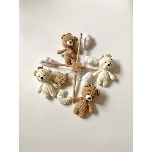 Crown Teddy Bears Crochet Baby Mobile - Brown Wood Stand with Cream Beige Bears