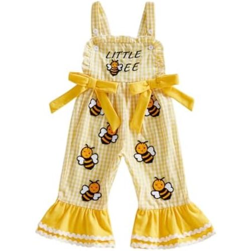 Adobabirl Toddler Baby Girl Overalls Bee Embroidery Sleeveless Strap Bell Bottom Romper Jumpsuit Flare Pants Cute Clothes