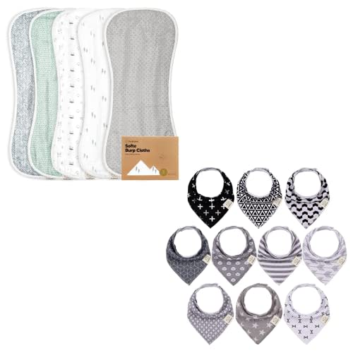 KeaBabies 5-Pack Organic Muslin Baby Burp Cloths and 10-Pack Baby Bandana Drool Bibs - White Burp Cloth - Organic Cotton Bandana Bibs for Boys, Girls, Baby Bibs - Burp Rag - Neutral Burp