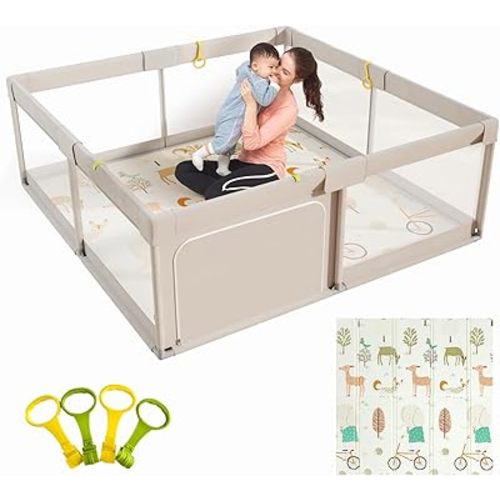 Mloong Baby Playpen with Mat, 59x59 Inches Extra Large Playpen for Babies and Toddlers, Indoor & Outdoor Activity Center, Safety Baby Fence with Gate