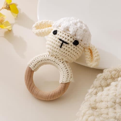 Wooden Baby Rattle, Crochet Lamb Rattle, Newborn Wooden Animal Rattle Toy, Infant Rattle Toys