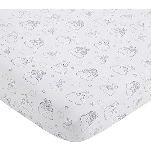 Disney Winnie The Pooh Hello Sunshine Grey & White Cloud Nursery Fitted Crib Sheet with Piglet & Tigger, Grey, White , 28x52 Inch (Pack of 1)