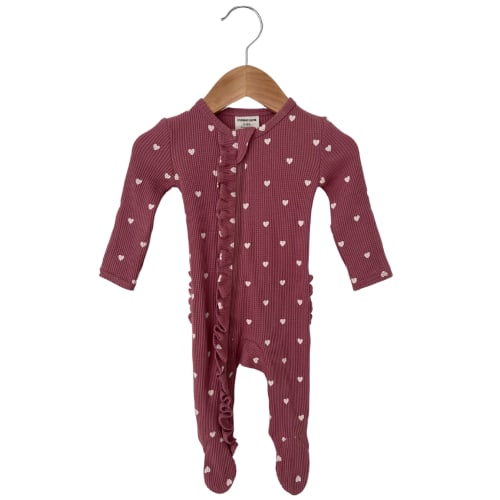 Organic Waffle Ruffle Zip Footie, Mauve Heart