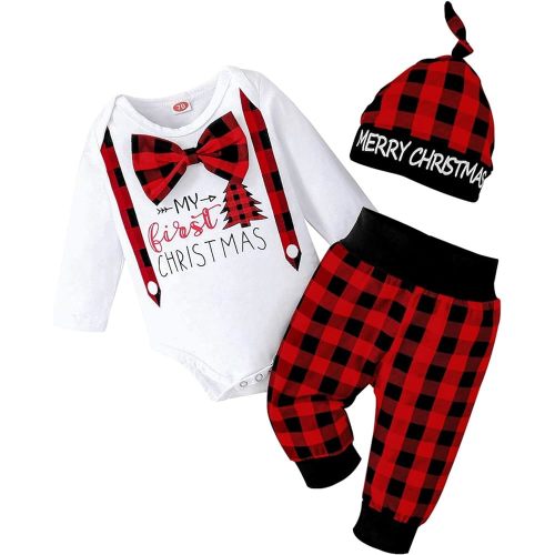 My 1st Christmas Oufit Christmas Baby Boy Outfit Baby Boy Clothes Infant Romper Red Plaid Pants Hat 3Pcs 0-18 Months