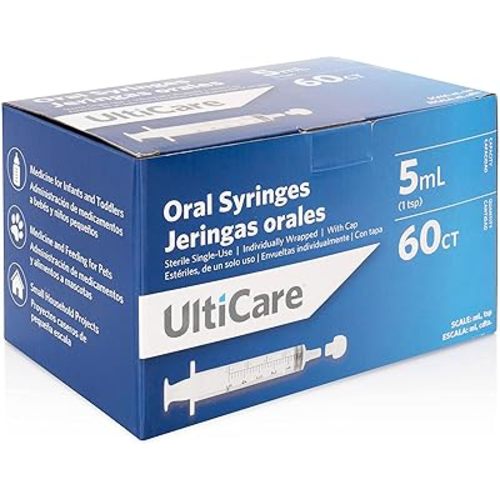 UltiCare 5mL (1 TSP) Oral Syringe – Uses Include Oral Administration of Medicine for Infants, Toddlers and Small Pets, and Small HH Projects. Oral Tip with Cap, Sterile Individually Wrapped, 60 Count