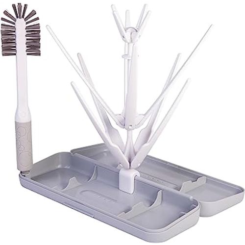 Ubbi On-The-Go Drying Rack and Brush Set, includes Travel Case and Bottle Brush for Compact Storage, Holds Up to 8 Bottles, Baby Travel Accessories, Gray