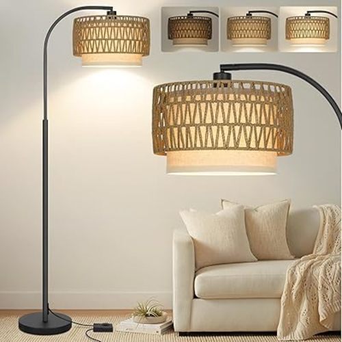 Arc Floor Lamp Black, Boho Floor Lamps for Living Room, Dimmable Standing Tall Lamps with Rattan Fabric Shade, Modern Floor Lamp Farmhouse Bohemian Light for Bedroom, Office, 9W LED Bulb Included
