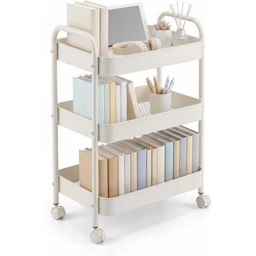 3-Tier Carbon Steel Rolling Cart for Dorm - White Utility Cart College Essentials with 360° Swivel Lockable Wheels, Book Cart Self Organizer for Girls Bedside Snack Storage