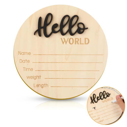 Baby Announcement Sign, 5.9 Inch Wooden Hello World Newborn Welcome Sign Birth Baby Name Plaques for Photo Props Baby Shower Hospital Nursery(Black)