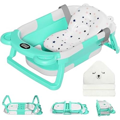 MoreFeel Collapsible Baby Bathtub for Newborn with Thermometer & 1 Hooded Towel & 1 Soft Floating Cushion,Portable Travel Bathtub with Drain Hole, Durable Foldable Baby Tubs for Infants to Toddler