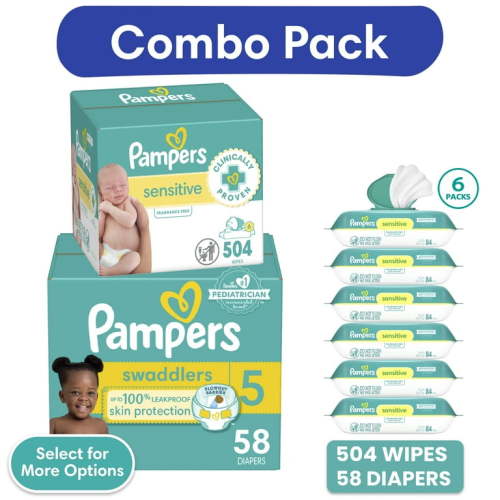 Pampers Swaddlers Diapers, Size 5, 58 Count and Pampers Sensitive Baby Wipes 6-Pack 504 Wipes (Select for More Options)